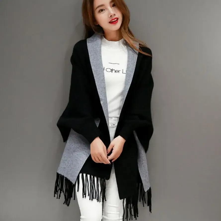 Sorto de moletono Autumn Winter Fashion Lady Tassel Knit Shawl Sweater Women Women Solid Tassel Batwing Sleeve Poncho Cardigan Wrap Swing