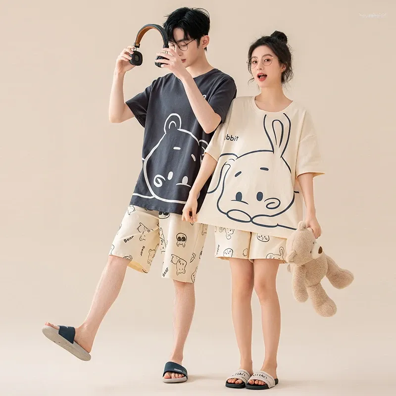 Women's Sleepwear Couple Pajamas Set Summer Cute Cartoon Short-Sleeved Cotton Men And Women Pyjamas