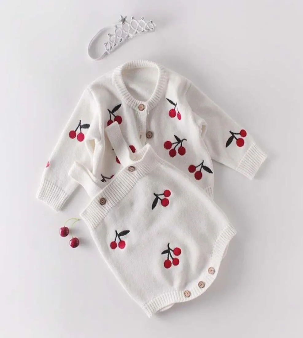 Kläder sätter baby flickor kläder höst körsbär stickad romper set spädbarn född tjej cardigan tröja bomull jumpsuit för8921914