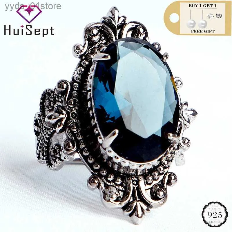 Band Rings HuiSept Vintage 925 Silver Ring Big Oval Shed Sphire Gemstones Rings for Male Female Wedding Party Gifts Wholesale L240305