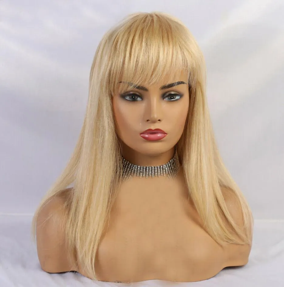 Натуральная длинная блондинка настоящие человеческие парики волос с челкой для белых женщин Straight Wig2267353