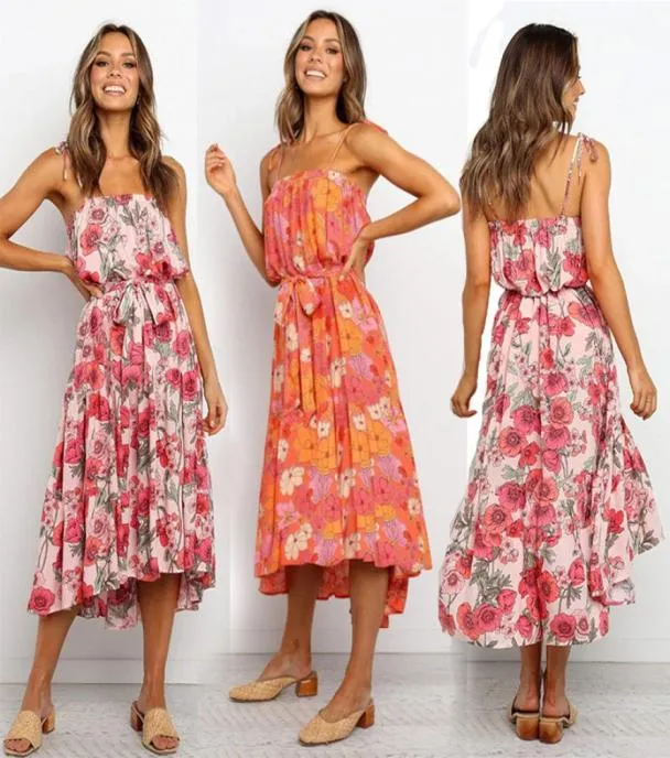 Women Boho Sling Dress 5 Colors Lady Maxi Loose Sundress Floral Print Dresses Womens Casual Backless Ruffle Asymmetrical Dress SX5018368