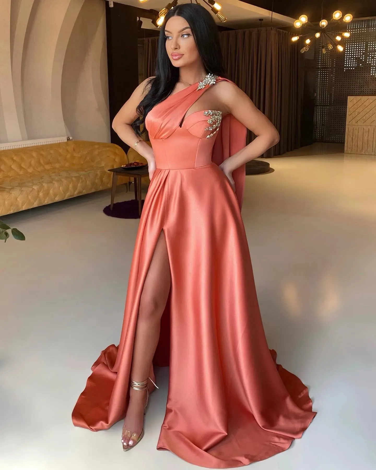 coral pink formal dress Prom Long Beaded Mesh Mermaid Dress main image 0