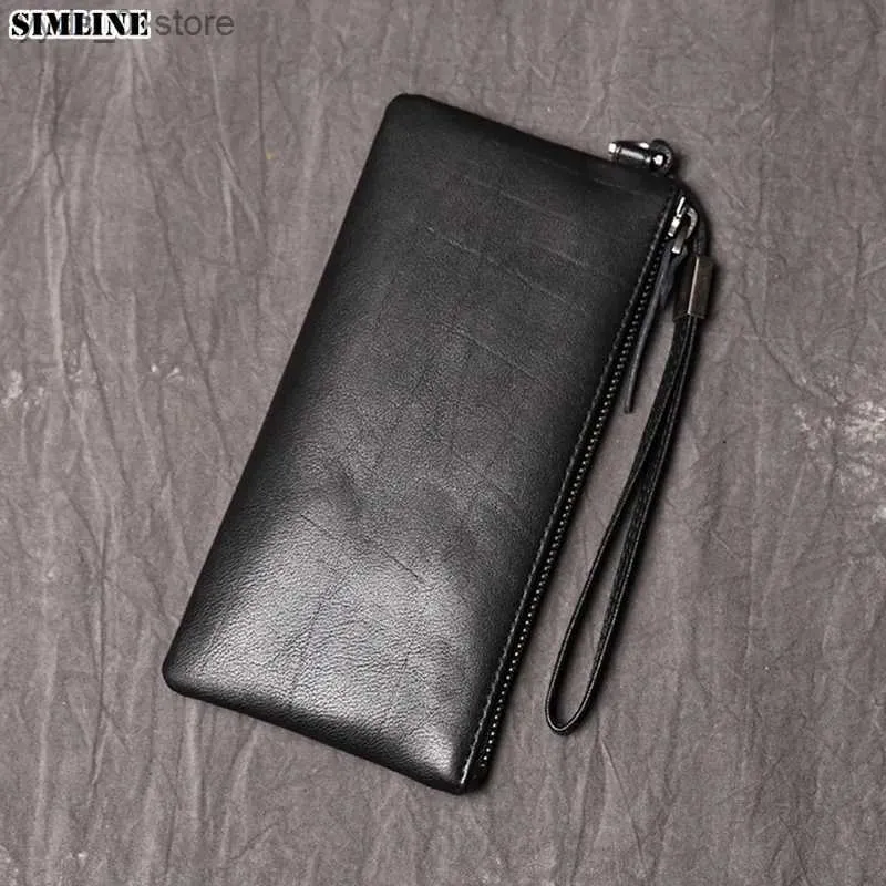 Money Clips SIMLINE Genuine Leather Wallet For Men Male Real Cowhide Mens Long Zipper Slim Clutch Wallets wallet With Card Holder Phone Bag L240306