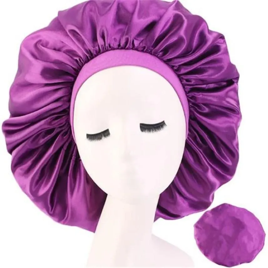 Solid Satin Bonnet Hårstyling CAP Långt hårvård Kvinnor Natt Sleep Hat Silk Head Wrap Dusch Cap Styling Tool Whole286a