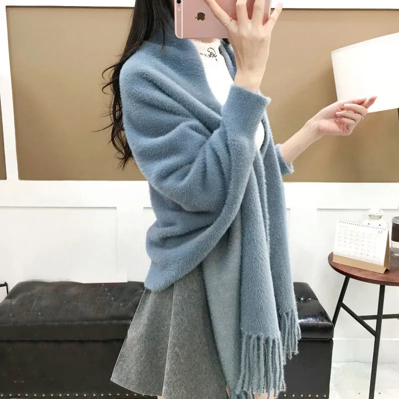 Cardigans Women Cape Shawl Sticked Coat Bat Sleeve Imitation Mink Fleece Sweater Cardigan Poncho Mujer Autumn Winter Solid Loose Cloak Top