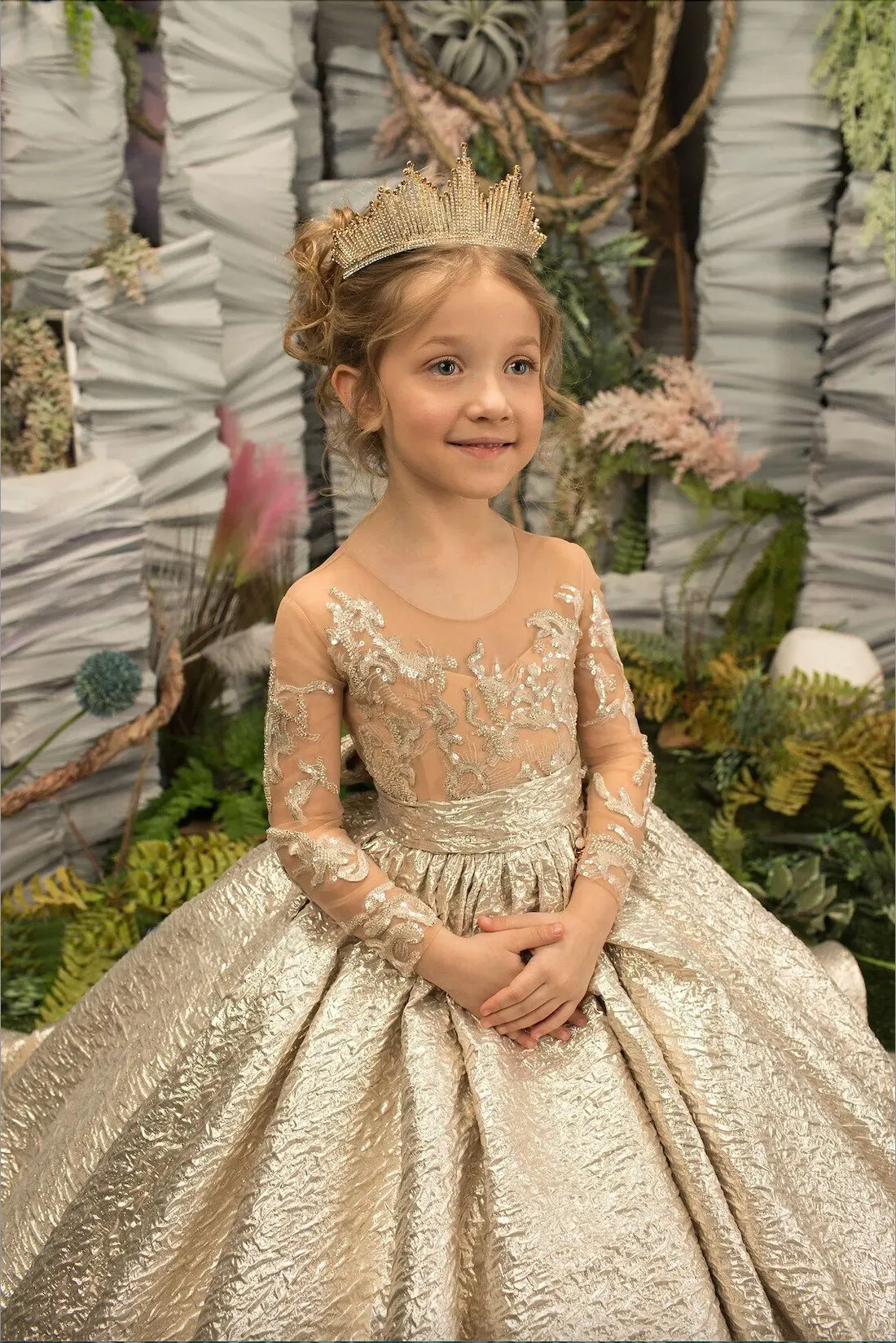 gold flower girl dress White & Gold Flower Girl Dress main image 1