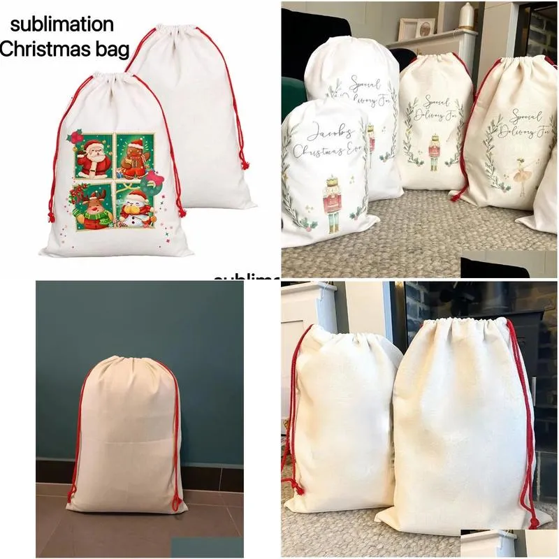 Decorações de Natal Sublimação Em Branco Santa Sacos DIY Personalizado Dstring Saco Sacos de Presente de Natal Bolso Transferência de Calor Drop Entregar DHTH1