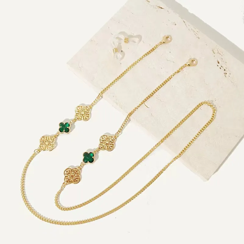 Vintage minimalistische vierblättrige Kristall-Sonnenbrillenketten, Anti-Verlust-Kette, kubanische Ketten, unregelmäßige Mischung und Kombination mit Diamant-Perlen-Brillengliedern