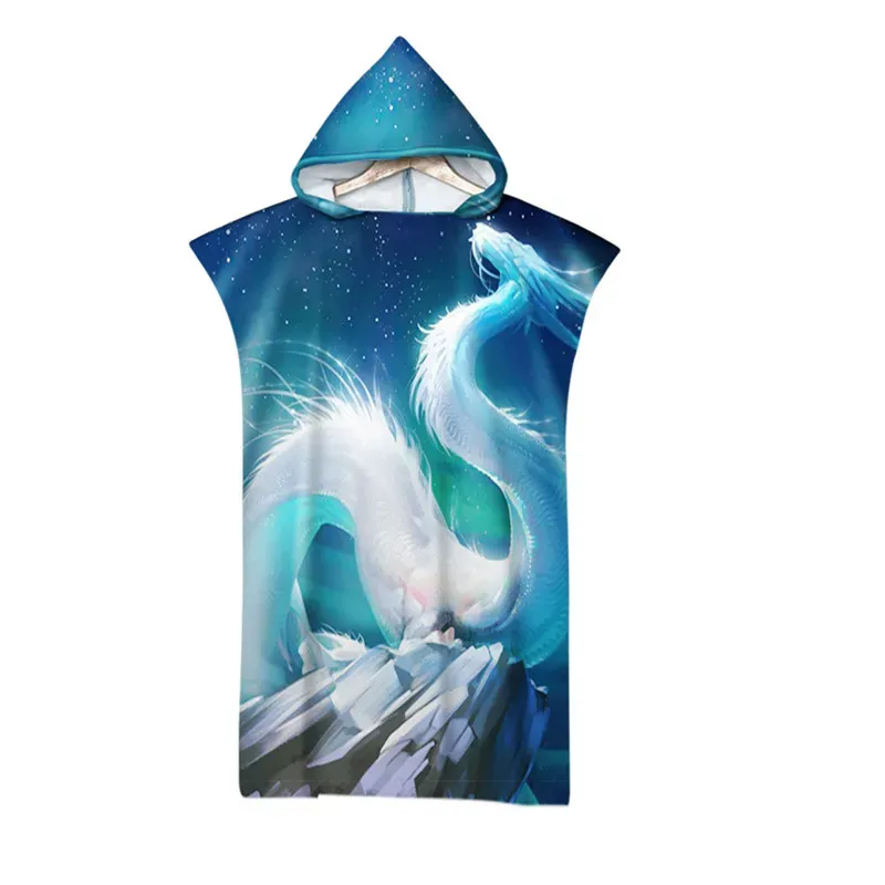 Пляжное полотенце с капюшоном из микрофибры, купальник с принтом дракона, пеленальный халат, впитывающее пончо для серфинга, банные полотенца с капюшоном для взрослых, пляжная одежда