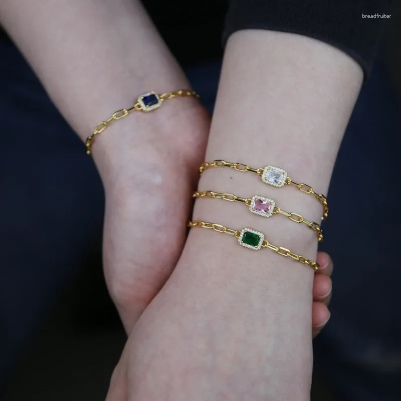 Bracelets de charme couleur or Micro pavé CZ pierre de naissance colorée géométrique Rectangle Bracelet de mode pour fille femmes en gros