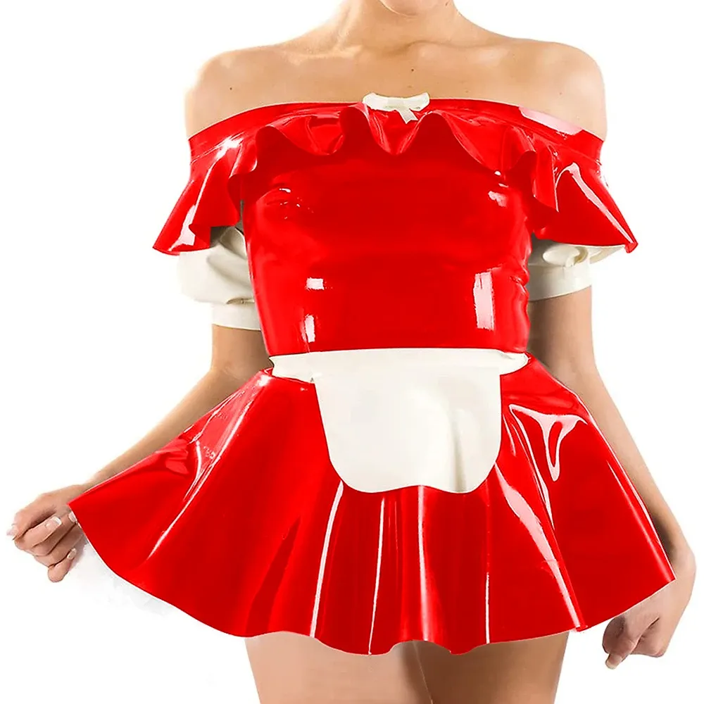 Sukienka Sissy Cosplay Maid Sukienka Modna ramię jedno słowo kołnierz błyszcząca mini plisowana sukienka Pvc z fartuchem imprezową imprezą