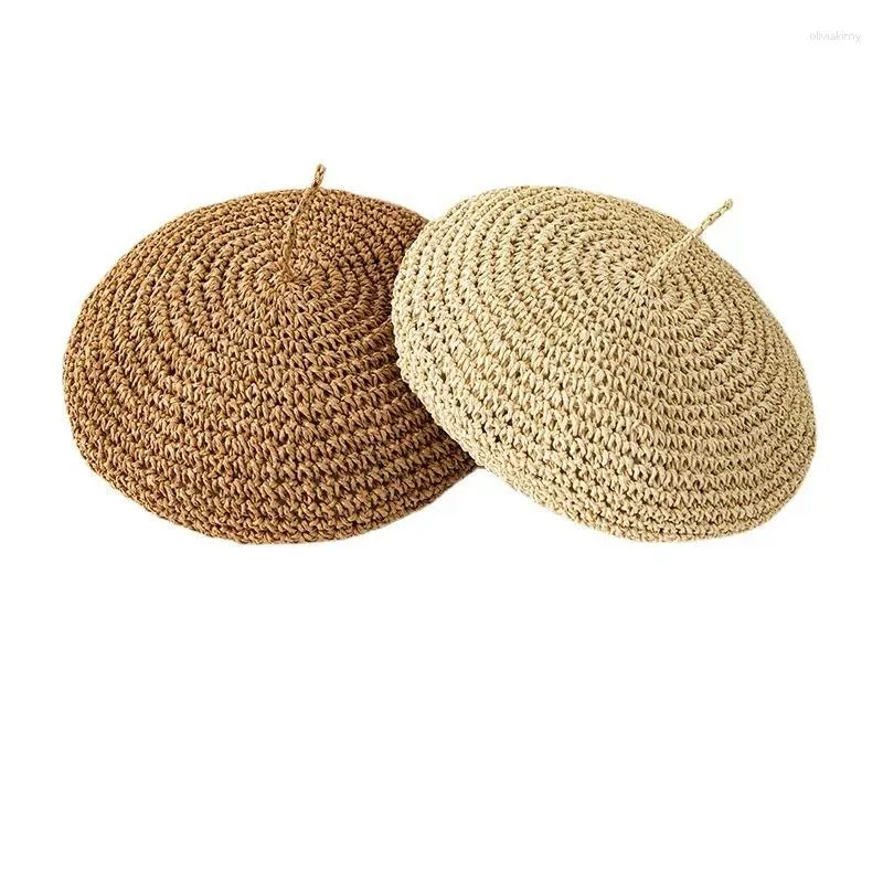 Bérets Été Couleur Unie Béret pour Femmes Ins Paille Crochet Mode Chapeau Femme Cool Casquette En Plein Air Printemps Boina Cadeau