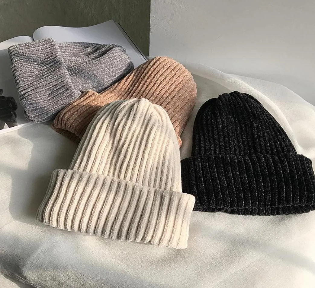 Beanies 2021 Winter Beanie Pure Color Casual Wild DoubleLayer Thickened Warm Hood For Girl Chenille Knitted Hat Female Woolen7906044