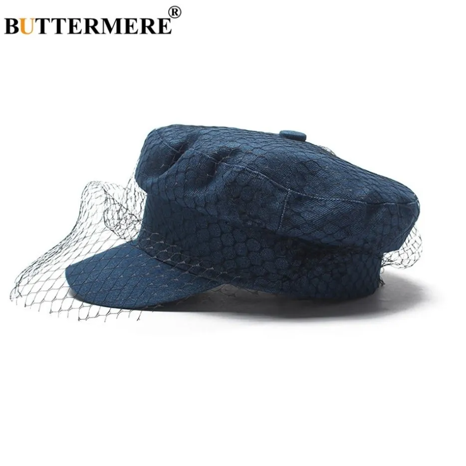 Buttermer Women Newsboy Cap Denim Blue Flat Caps med Veil Ladies Elegant Gatsby Hats Ivy Vintage Autumn Casual Baker Boy Caps214G