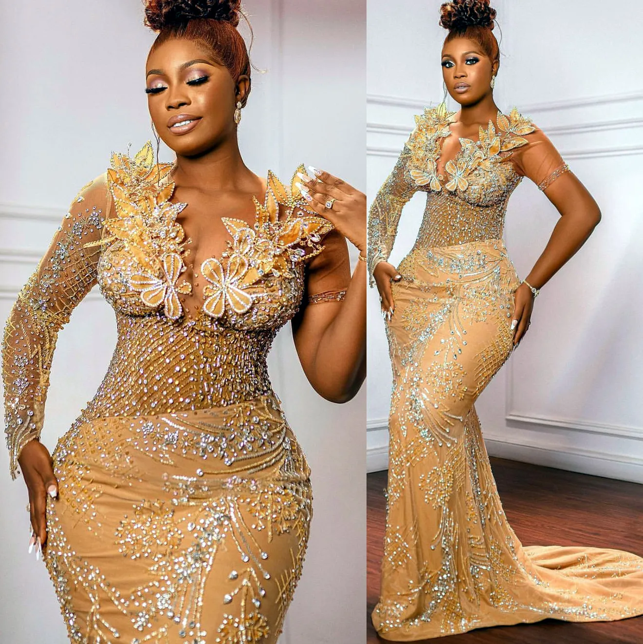 Kivary Gold Lace Mermaid Evening Dress - Sheer Illusion Top With Rhinestones, Prom & Formal Gown - View #10