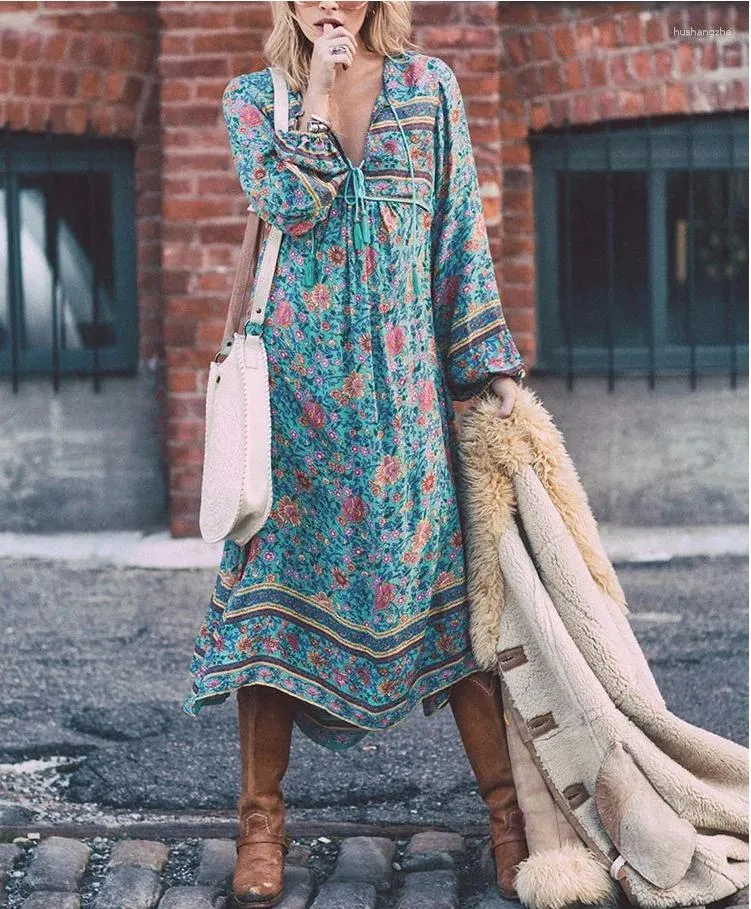 Sukienki swobodne Canwedance Boho Printing Sukienka koronkowa rękaw latarnia niebieski kwiatowy maxi rayon duży hipis mujer vestidos