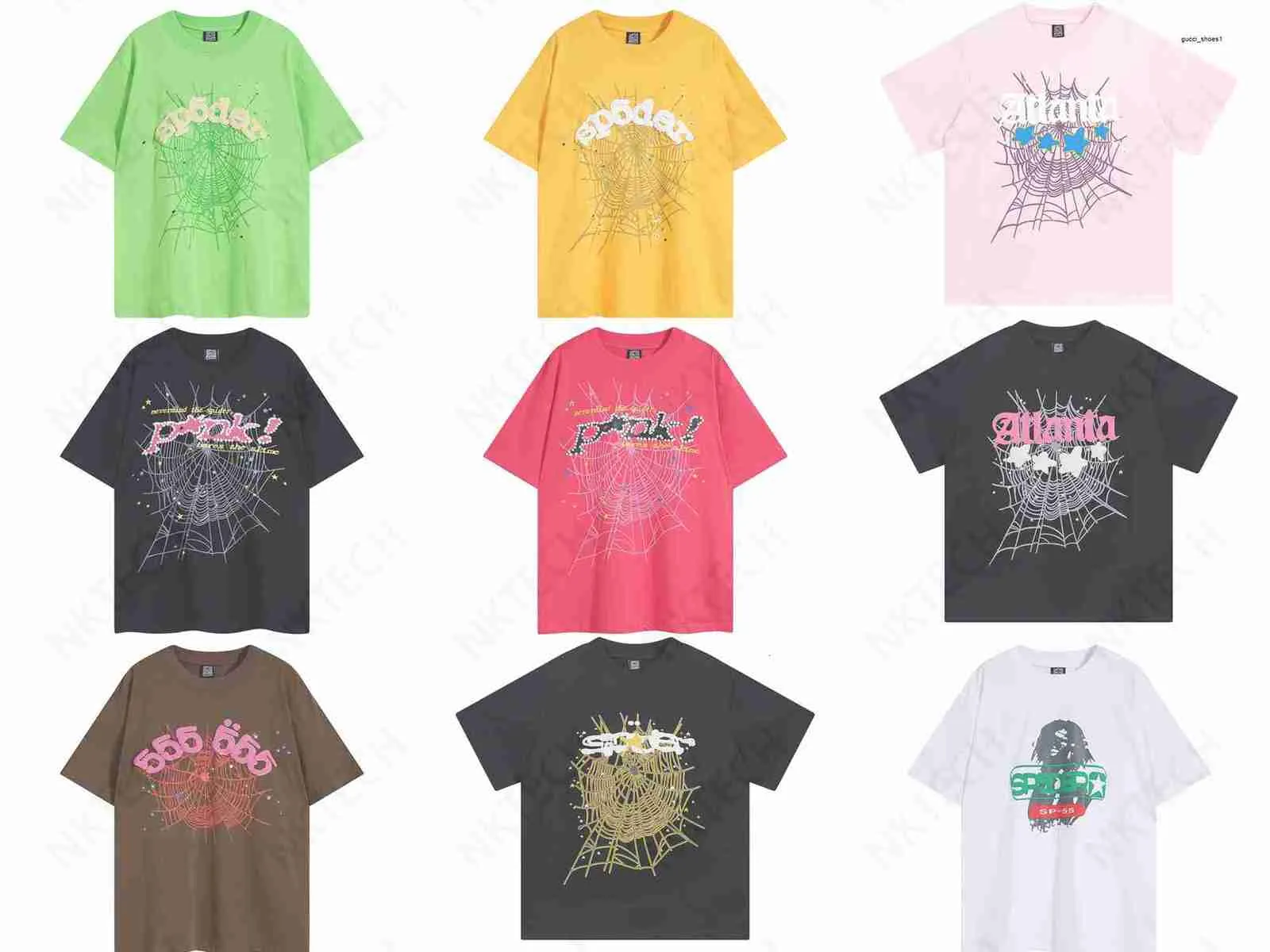 23SS Mens Tasarımcı T-Shirt Pembe Genç Thug SP5der 555555 Erkek ve Kadınlar Premium Köpük Baskı Örümcek Ağ Desen T-Shirt Moda Üst T-Shirt