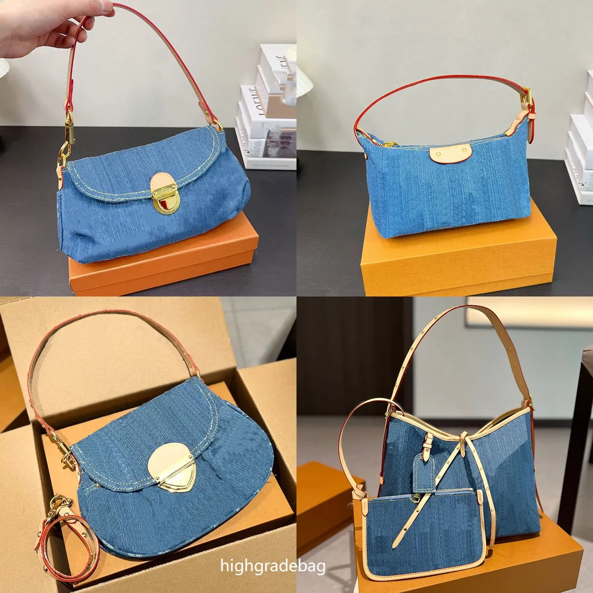 Denim tas dames denim designer tas carryall tas tas heuvels pochette handtas zonsondergang schouderzak onderarm tas mode portemonnee springtas crossbody tassen