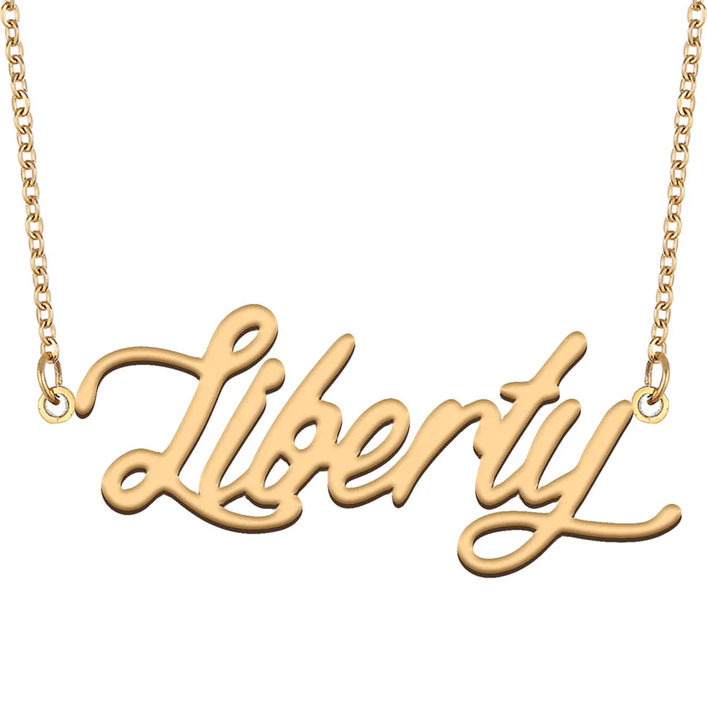 Colliers avec nom Liberty, pendentif personnalisé pour femmes, filles, enfants, meilleurs amis, cadeaux pour mères, plaqué or 18 carats, acier inoxydable