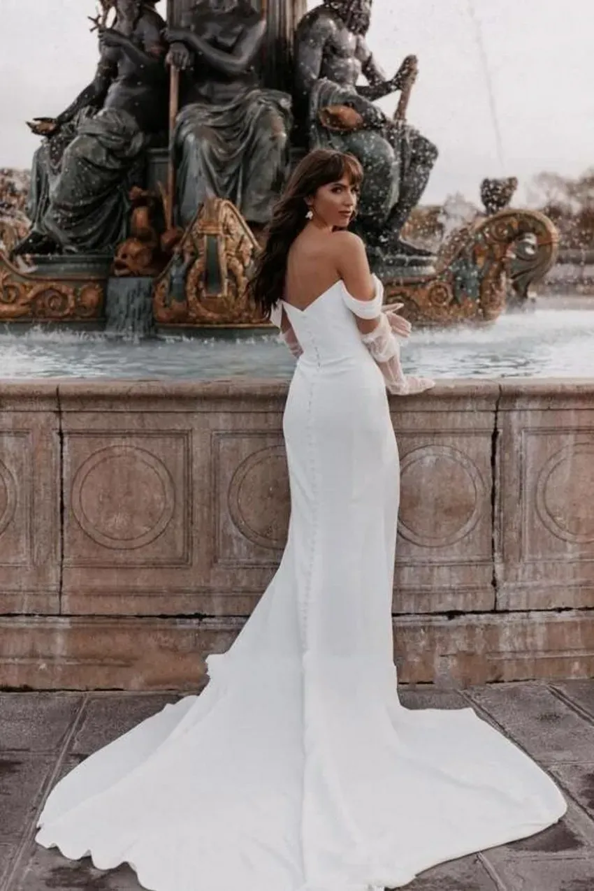 Custom-Made White/Ivory Mermaid Crepe Wedding Dress with Off-Shoulder Pleats and Backless