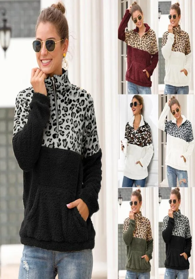 10 renk Sherpa Kadın Leopard Patchwork Altaklar Kış uzun kollu sweatshirt fermuar yumuşak polar süveter pock ile pock7862894