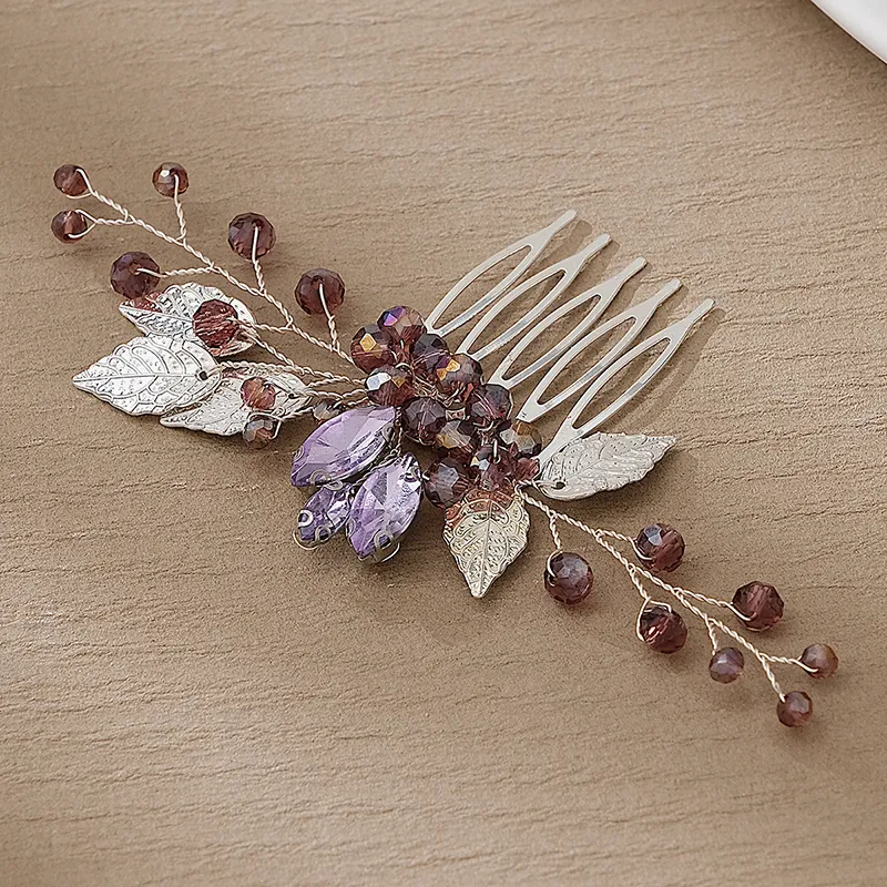 New Bridal Head Comb Wedding Sliver Leaf Purple Rhinestone Crystal Hair Jewelry Wedding