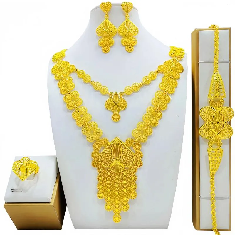 Necklace Earrings Set 24k Gold Plated Dubai Fashion Bracelets Ring For Women African Bridal Wedding Party Gifts