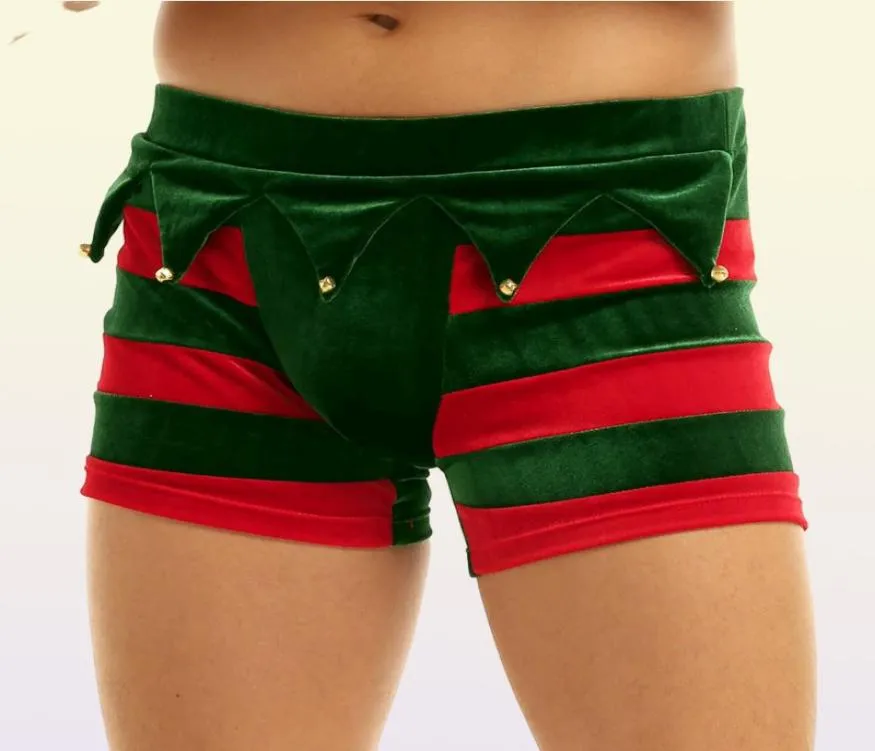 Conjunto sexy Hombres Ropa interior navideña Terciopelo a rayas Bolsa para pene Boxer Shorts Elf Cosplay Fiesta Festival Rave Disfraz de lujo Navidad Underp9184601