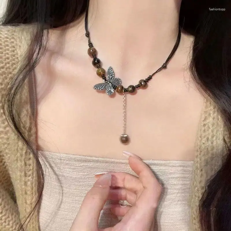 Colliers pendentifs faits à la main chinois vintage papillon collier femmes style ethnique ancien collier chaîne cordon cou chaîne