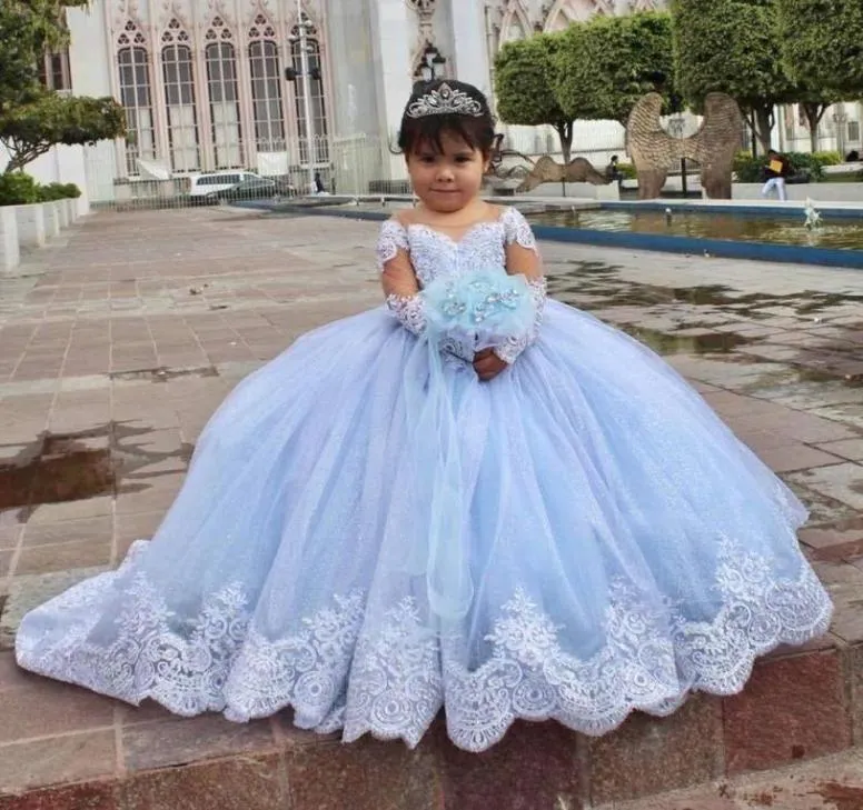 Light Sky Blue Lace Flower Girl Dresses Long Sleeves For Wedding Appliqued Ball Gown Toddler Pageant Gowns Tulle Custom Made First7693598