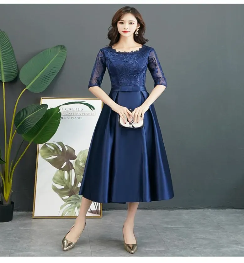 Chic Vintage Style Midi Tea Length Lace Top Blue Bridesmaid Dresses #110504