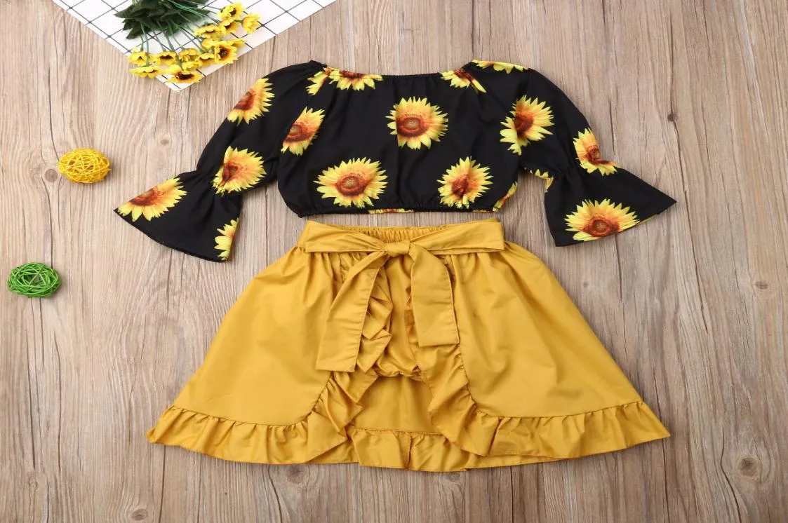 Pudcoco Toddler Baby Girl Clothes Off Shoulder Print Flare Long Sleeve Crop Tops Tutu Short Pants Skirt 3Pcs Outfits Y2008299436306