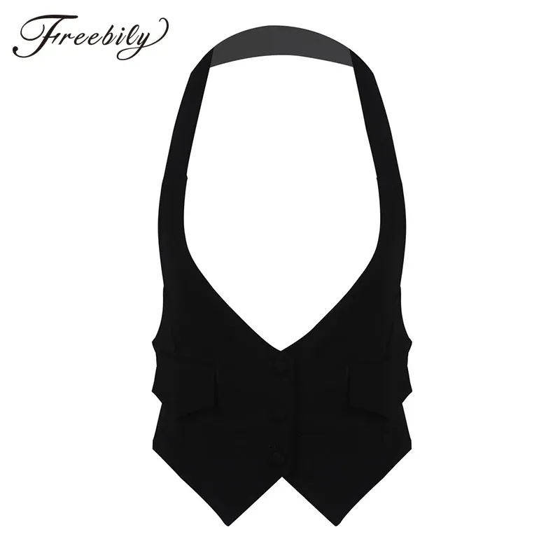 Gilets Femmes Casual Solid Halter Neck Costume Court Gilet Dos Nu avec Ceinture Selftie au Dos Boutonné Gilet Entièrement Doublé Gilet