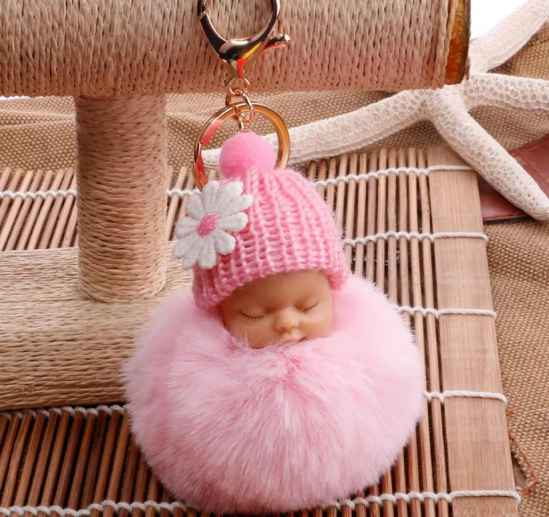 Winter niedlicher flauschiger Bommel schlafende Babypuppe Schlüsselanhänger weicher Kunstfell-Kugel-Anhänger Schlüsselanhänger Auto-Schlüsselanhänger Handy-Anhänger 6182983