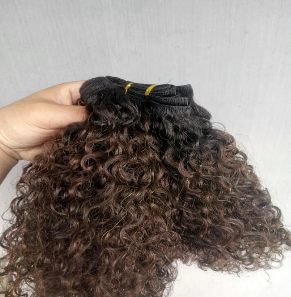 Indian human virgin hair weft ombre 1b4 brown curly weaves double drawn 100g one bundle4971824