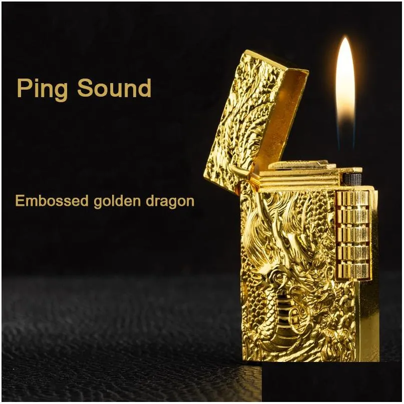 Dragon Gas Butane Refillable Lighter Grinding Jet Flint Metal Emboss Bright Sound Cigarette Cigar Inflated Drop Delivery Dhuua