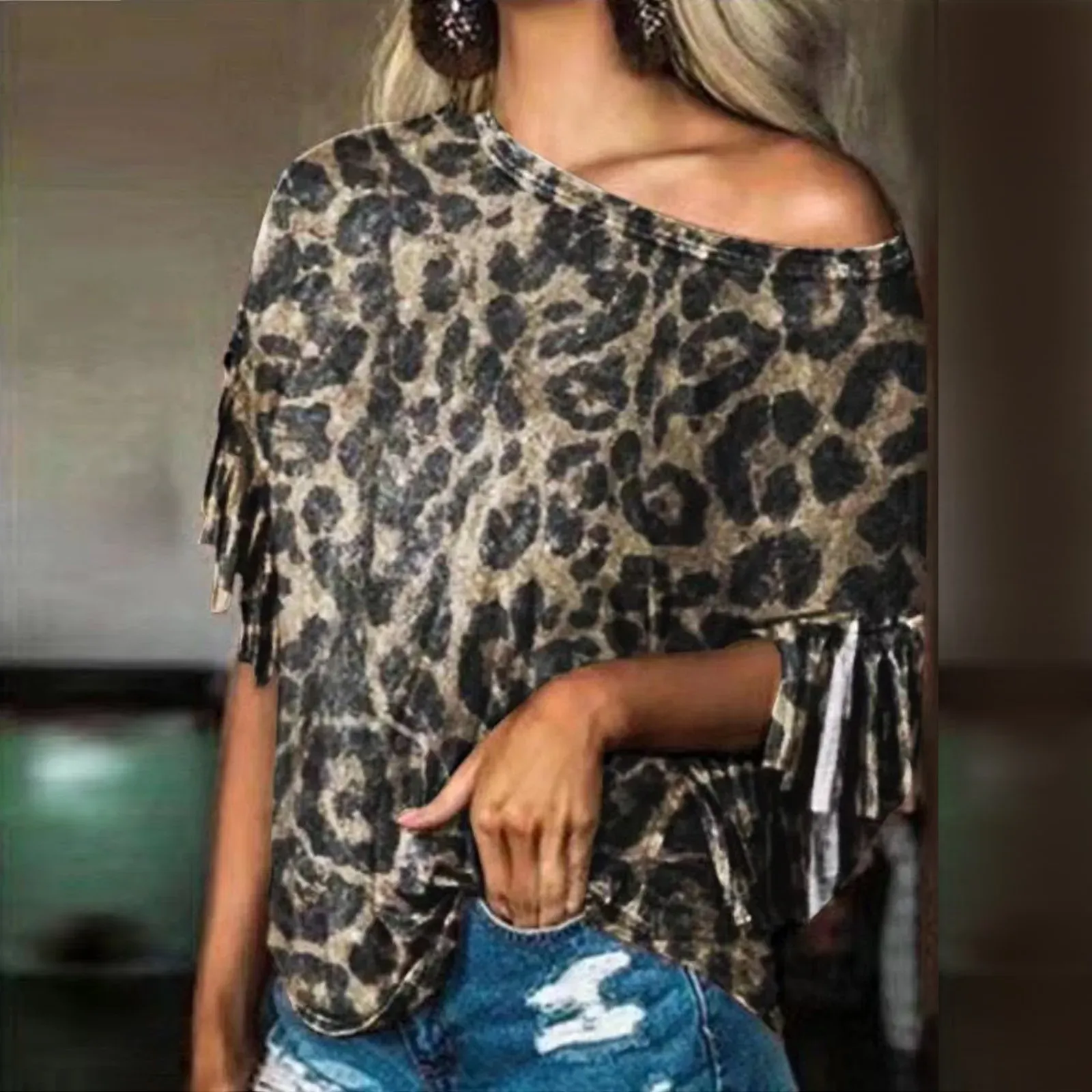 Blusa leopardo impressão gota ombro blusas femininas em torno do pescoço franja borla manga curta t camisas sumemr elegante sexy topos feminino