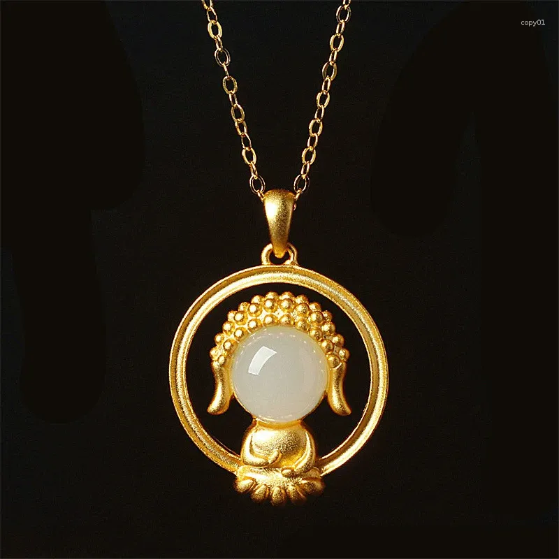 Pendants Pure 18k Gold Color An White Jade Jasper Pendant Necklace For Women Charms Lucky Chain Wedding Jewelry Party Birthday Gifts