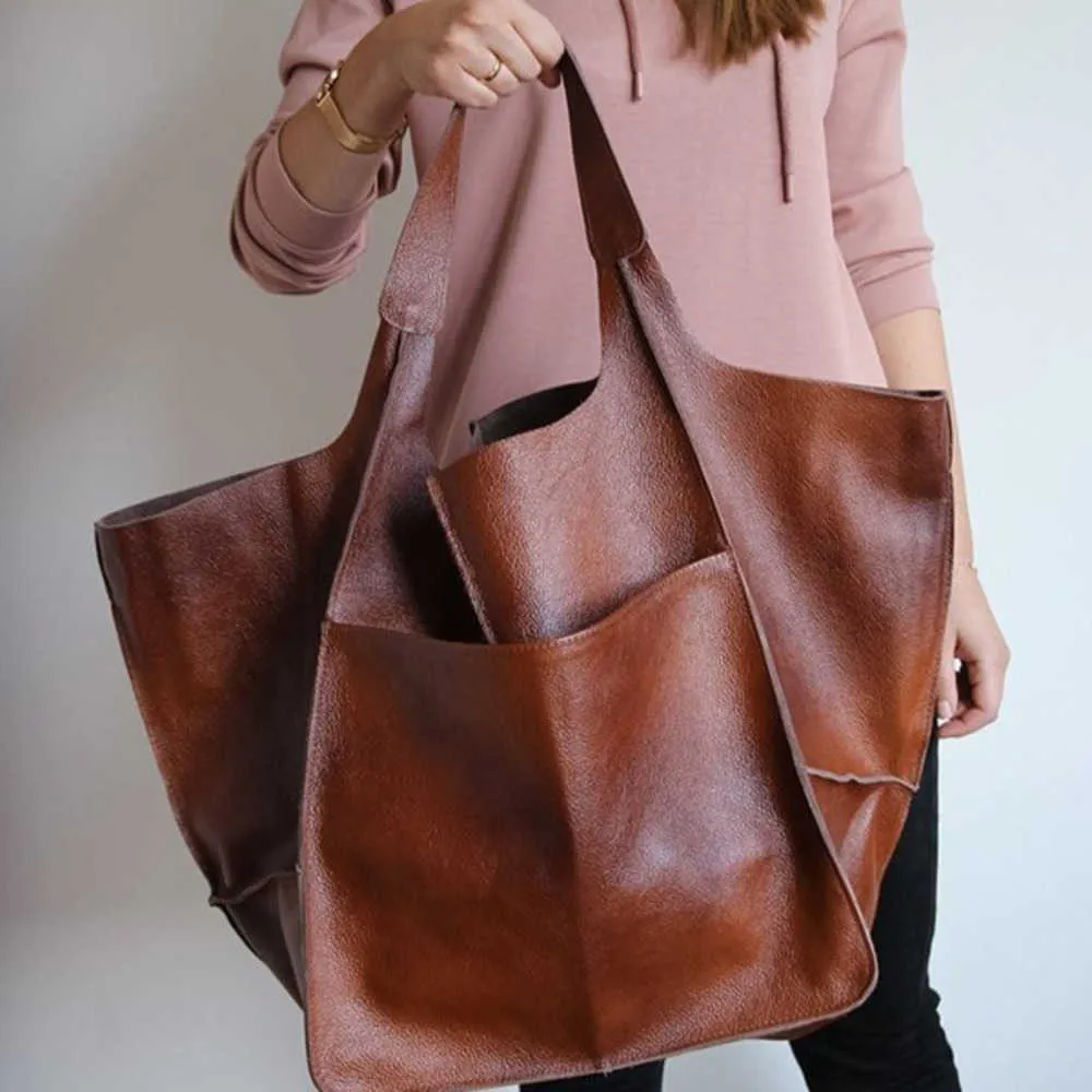 2023 new simple large bag, soft leather, large capacity, one-shoulder portable Tote women's bag 220306