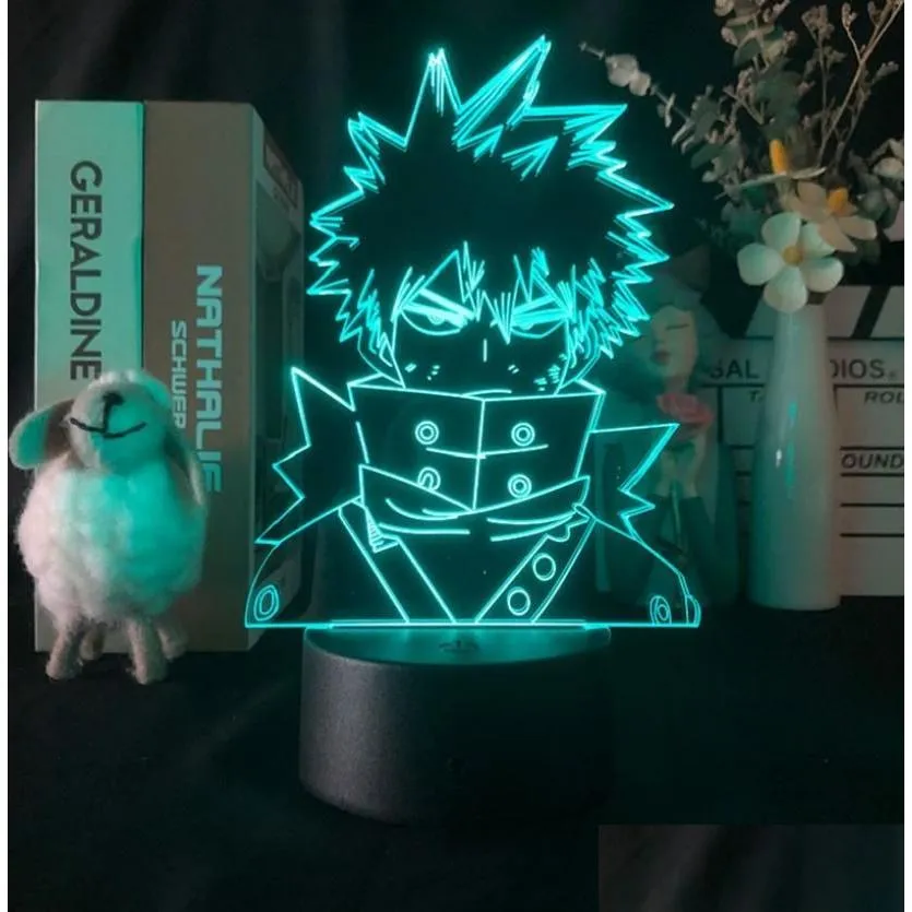 Luci notturne My Hero Academia Luce notturna Led Acrilico 3D Lampada lava Katsuki Bakugo Figura Camera dei bambini Luce notturna Base Bluetooth Fan Regalo Dhajh