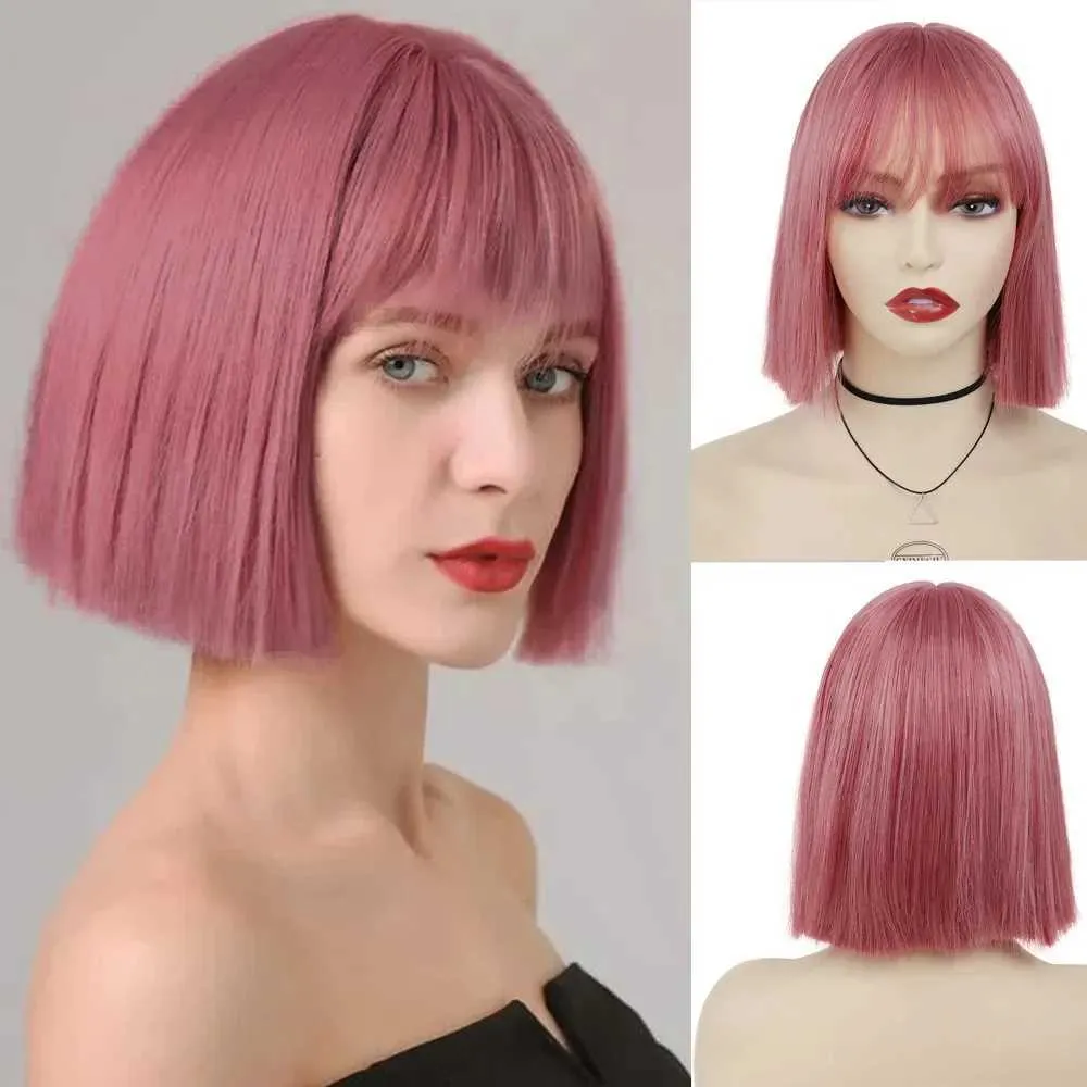 Perruques de cheveux court Bob perruque synthétique soyeuse droite avec frange pour les femmes blanches Cosplay Lolita naturel belle apparence rose 240306