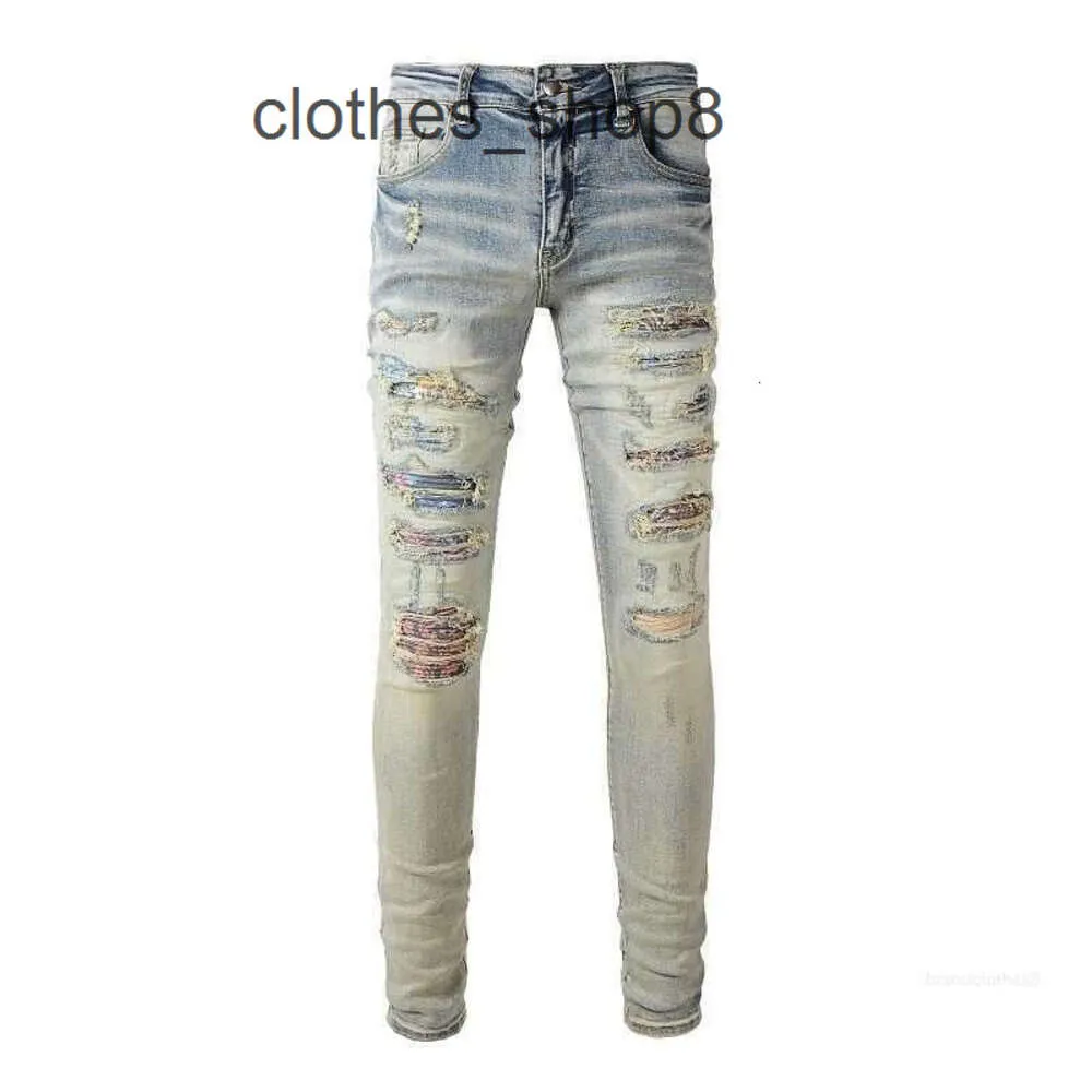 Denim amirs jeans designer byxor man faller 875 high street am mode märke svart färg patch elastisk trasig smal rak ben mens a4o0