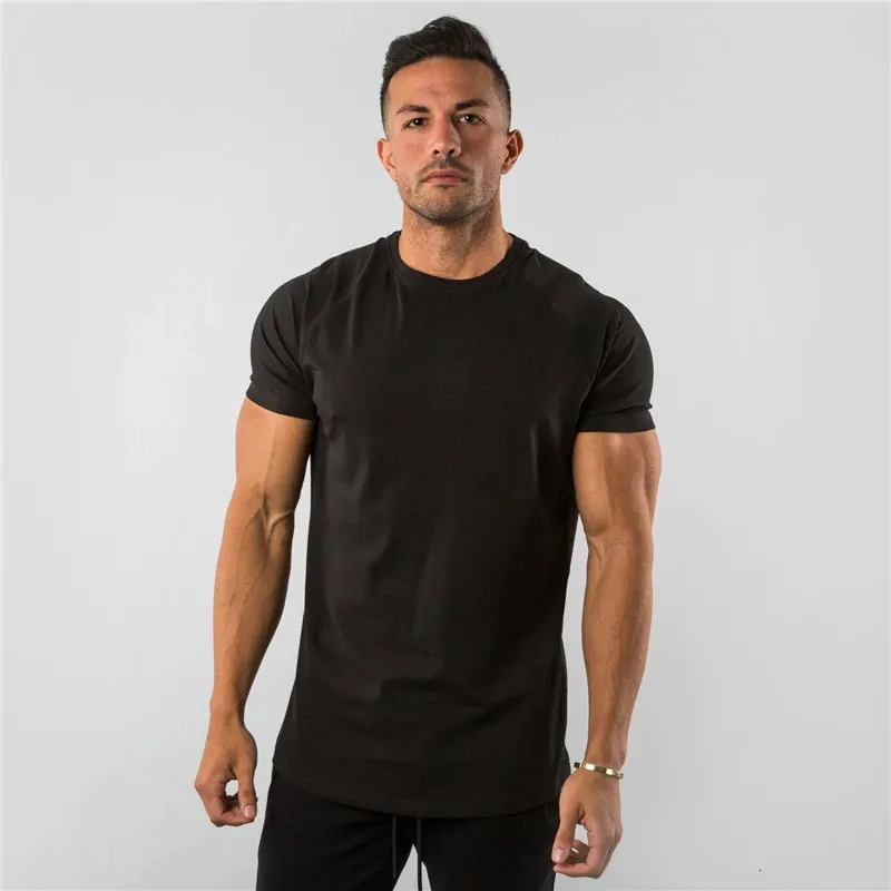 Été solide coton à manches courtes T-shirt hommes vêtements de sport mode plaine hauts moulants t-shirts sport musculation Fitness T-shirt hommes 240229