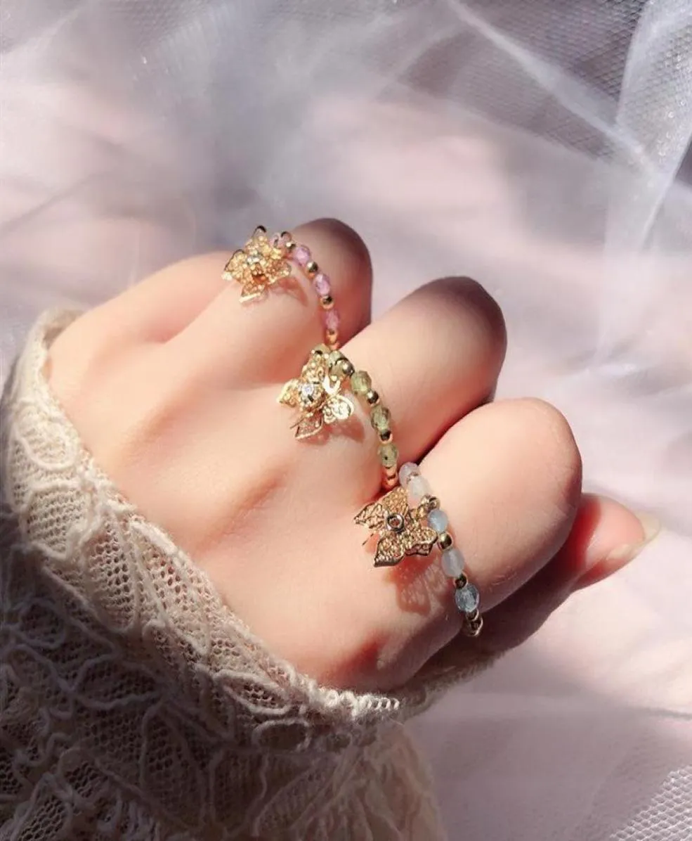 Fedi nuziali Farfalla Stretch Perline di cristallo Anello di pietra naturale per le donne Ragazza fatta a mano Gioielli di moda Regali Party2726221
