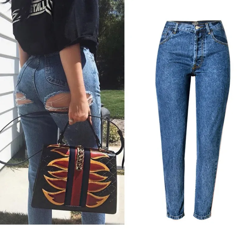 Jeans donna slim taglie forti pantaloni in denim blu 2021 streetwear buco del culo jeans strappati culo femminile jeans dritti a vita alta pantaloni sexy