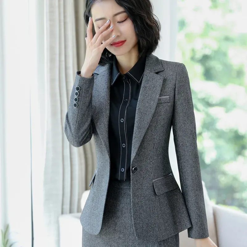 Pakken IZICFLY Lente Herfst Zwarte Blazer Set Met Rok Office Suits Voor Vrouwen Uniform Dame Werk Outfit Elegante 2 STUKS