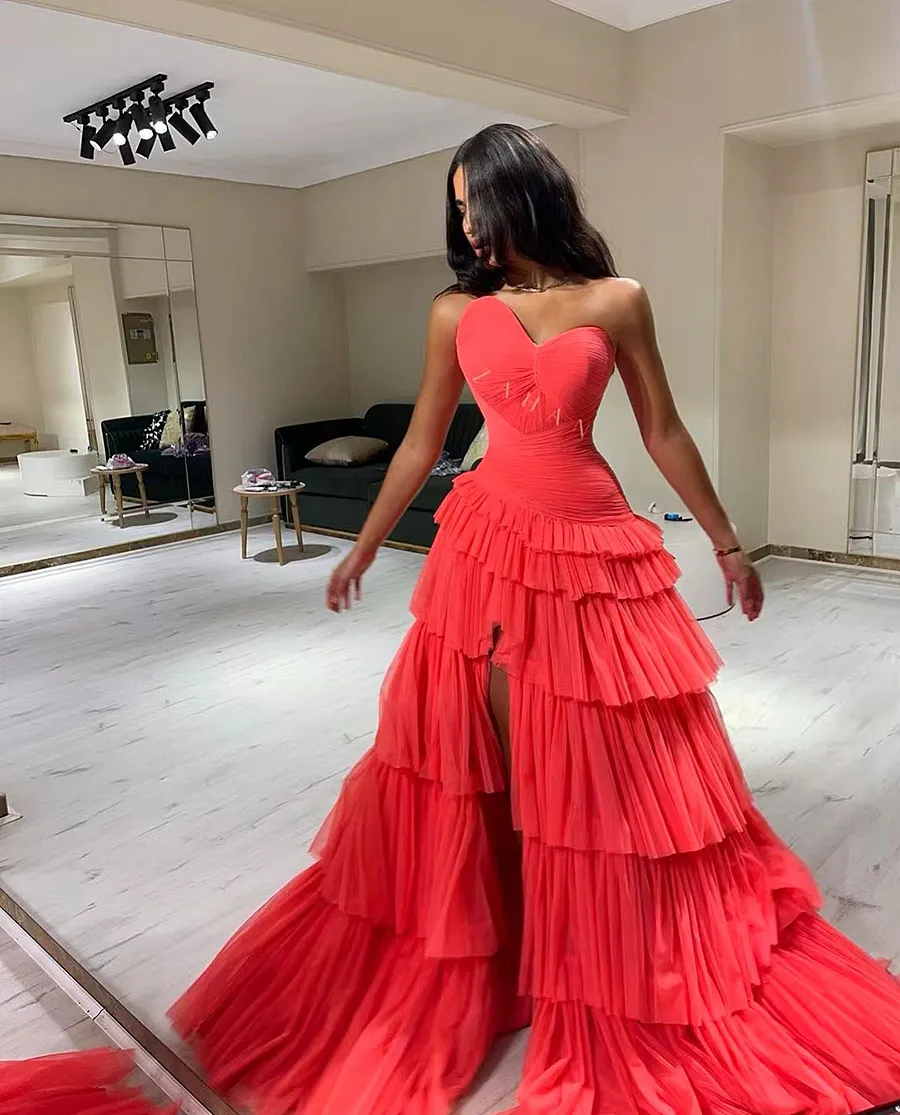 saudi formal dress Luxury Rose Pink One Shoulder Mermaid Evening Dresses for Women Wedding  Party High Slit Long Prom Formal Gowns – DreamyVow main image 1