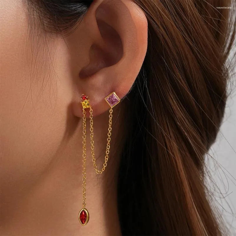 Orecchini a lobo MC 1PC S925 Argento sterling Rosa Rosso Zircone Catene lunghe Nappa Orecchino penetrante per le donne Gioielli regalo Brincos Pendientes