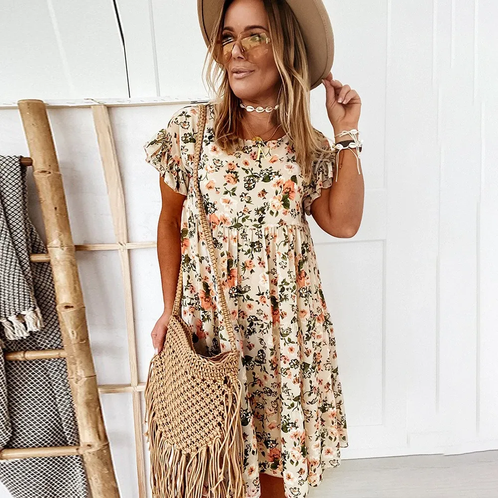 Jurk Dames Bloemenprint Jurk Boho Korte Mouw Grote Zoom Casual Vrouw Vrouwelijke Losse Ruches Mini-jurken voor 2022 Zomer Gewaad Femme